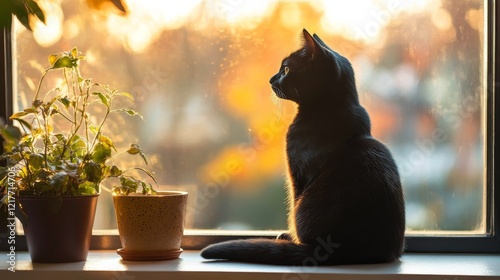 Cat sitting silently by the window in a dimly lit room during the evening hours