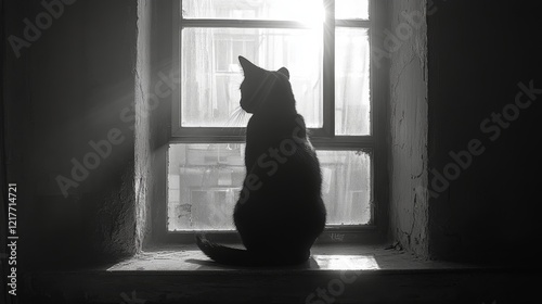 Cat sitting silently by the window in a dimly lit room during the evening hours