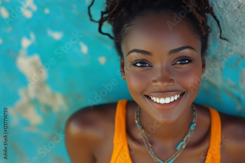 Smiling woman with curly hair poses outdoors in a natural setting during dayl...