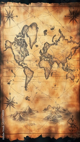 Aged World Map, Adventure, Travel, Background Mountains, Design