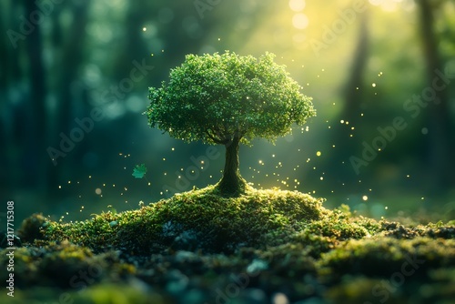 Serene green tree on a mossy hill illuminated by soft light in a tranquil for...