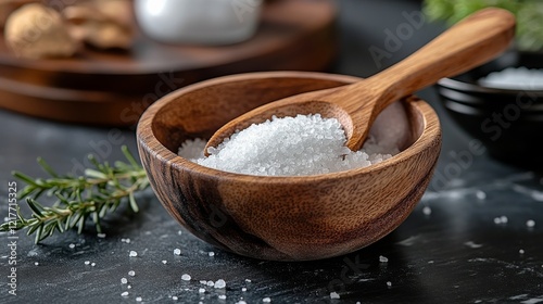 Fresh sea salt in a wooden bowl beside rosemary and ingredients on a kitchen ...