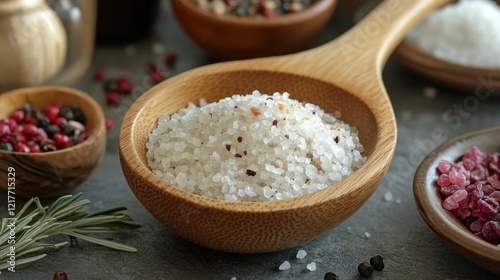 Fresh sea salt in a wooden bowl beside rosemary and ingredients on a kitchen ...