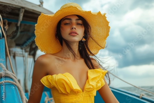 Young woman wearing a straw hat stands in a colorful boat by a serene body of...