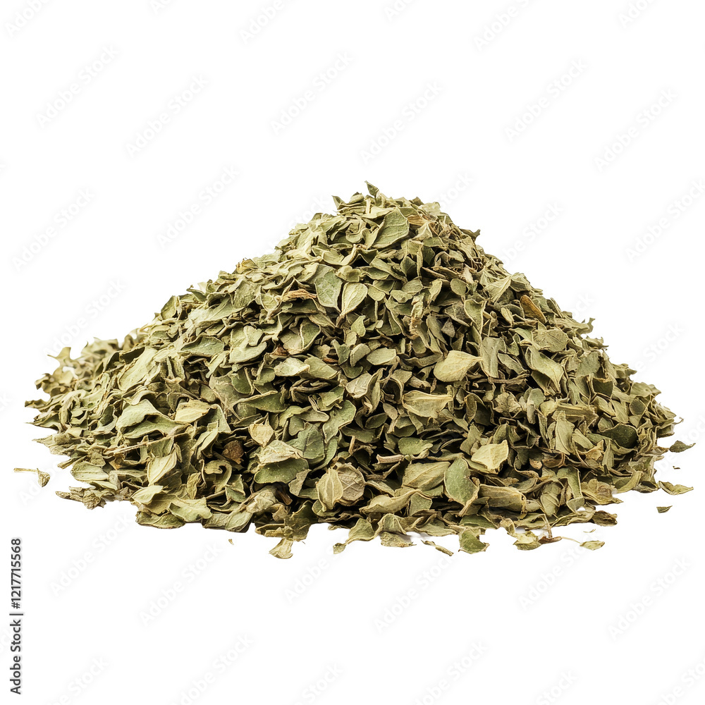 Aromatic pile of dried oregano leaves on a clean transparent background showcasing culinary herbs, Pile of dried oregano leaves isolated on transparent background