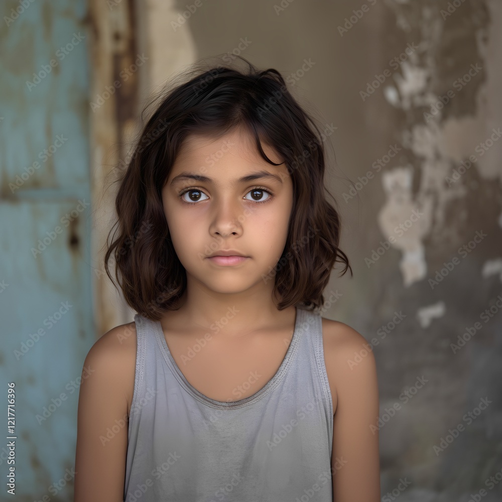Young girl with dark hair stands in front of a weathered wall with a blue door in a rustic setting