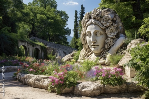 Garden Sculpture in the Summer Village of Partenit, Crimea: Blooming Petunias Surround a Majestic Gypsum Statue in the Park photo