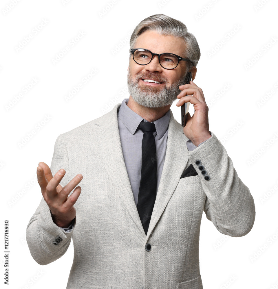 Banker talking on smartphone against white background Banker talking on smartphone against white background