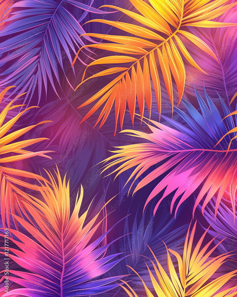 Tropical pattern of palm leaves with sunset gradie_006 Tropical pattern of palm leaves with sunset gradie_006