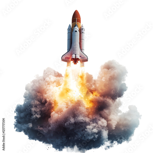 A rocket launches with a fiery explosion and smoke billowing into the sky during a clear afternoon, Rocket Launch with Fiery Explosion and Smoke, Isolated on transparent background photo