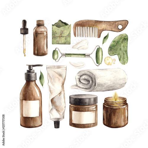 Gua sha, massager, candle, cream, crumpled tube, bottle with dispenser, towel, oil with pipette, soap, towel. Watercolor set, hand-drawn for eco-branding of cosmetics, magazines, posters, textiles