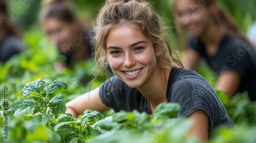 Happy young woman volunteering, working in a community garden with friends.