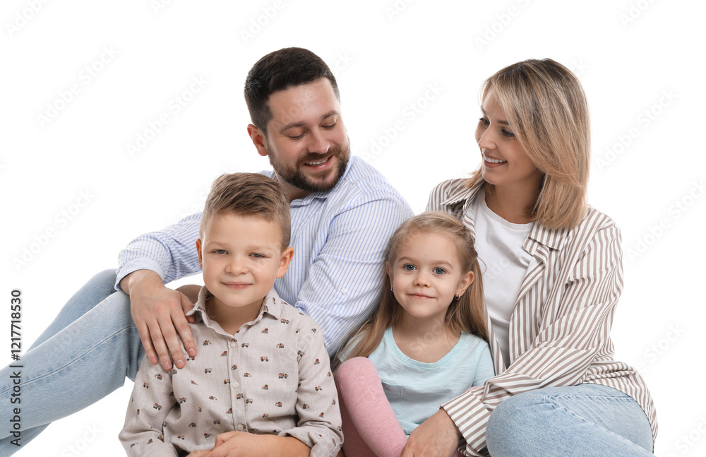 Happy parents and their children on white background Happy parents and their children on white background