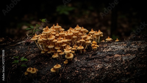Golden Gymnopilus underwoodii mushrooms on decaying wood in shadowed forest photo