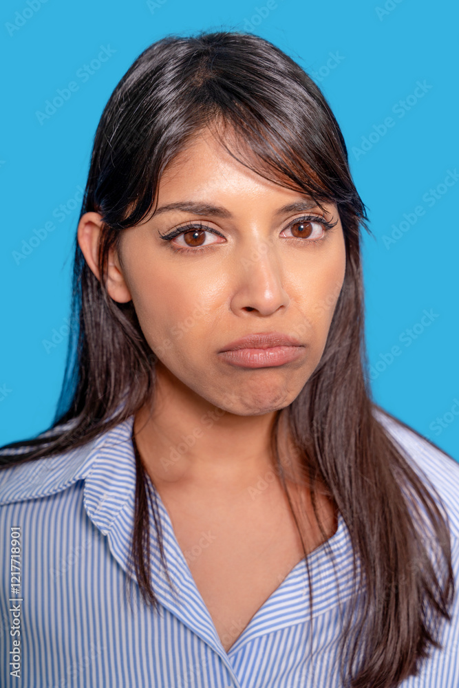 Expressing disappointment in front of a blue background during a photo shoot Expressing disappointment in front of a blue background during a photo shoot