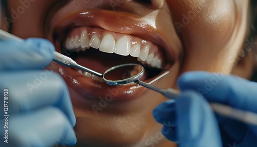 Close-up of a smiling black woman patient during a dental examination, with a dentist using a mirror and scaler for oral care, highlighting clean and healthy teeth.