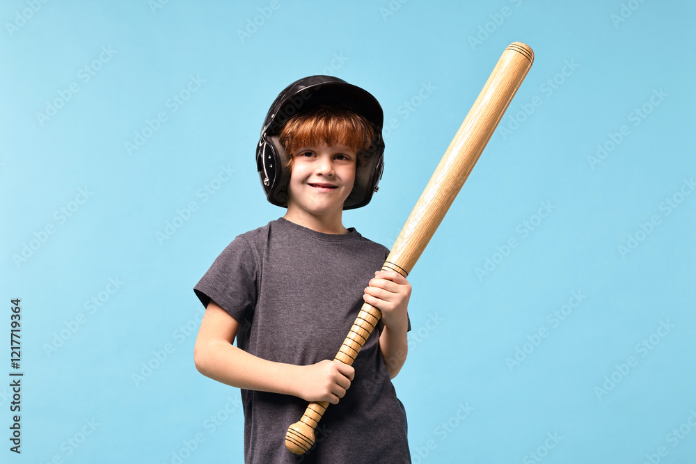 Little boy in helmet with baseball bat on light blue background Little boy in helmet with baseball bat on light blue background