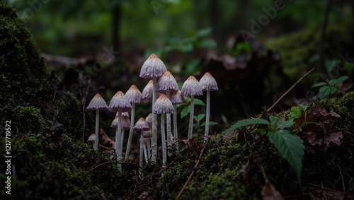 Beautiful white Laccaria amethystina mushrooms in a forest ravine photo