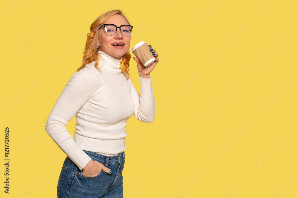 Young woman enjoying coffee against a bright yellow background while smiling Young woman enjoying coffee against a bright yellow background while smiling