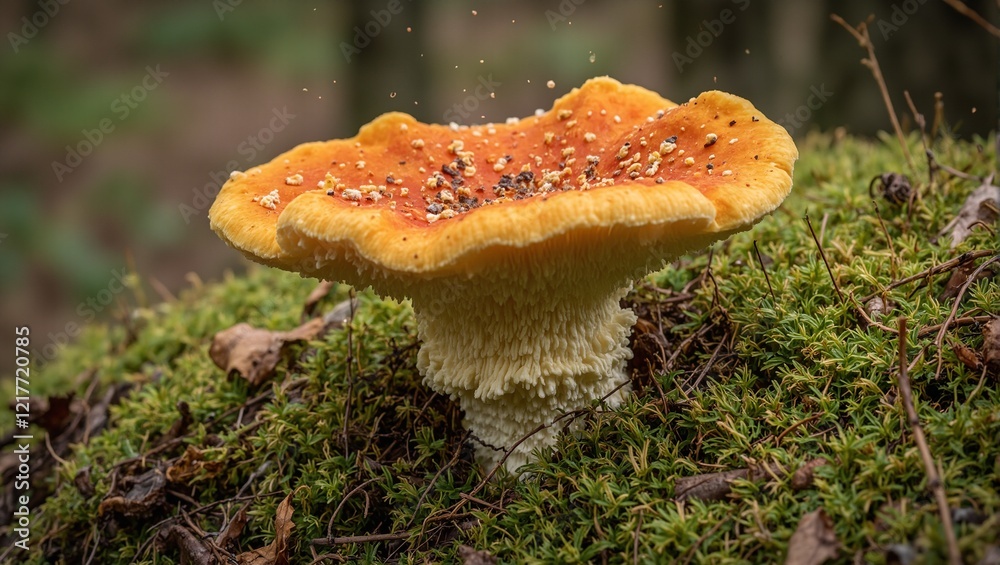 Fototapeta premium Vibrant Clitocybe nuda mushroom on forest floor with soft moss spores floating