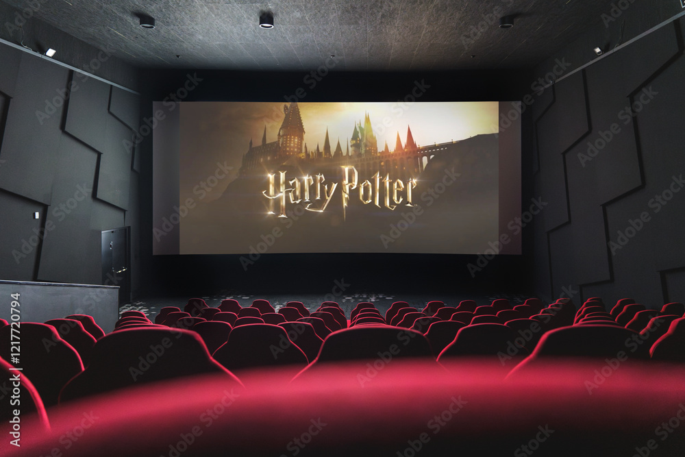 Obraz premium A movie theater with the iconic Hogwarts castle from the Harry Potter film series displayed on the big screen
