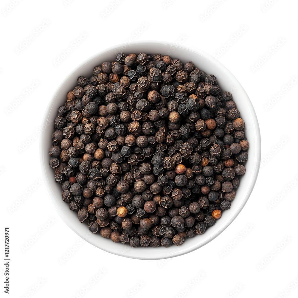 A bowl of black peppercorns placed on a clean transparent background for culinary use and decoration, black pepper in bowl on transparent background A bowl of black peppercorns placed on a clean transparent background for culinary use and decoration, black pepper in bowl on transparent background