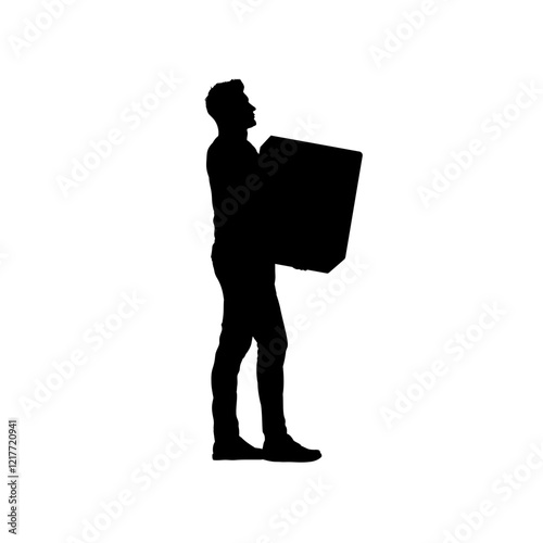 Silhouette of a man carrying a heavy box in front of him