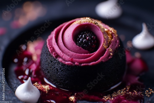 striking 3D-printed spiral structure made of dark chocolate encases a shiny sphere of blackberry mousse. The mousse is filled with a liquid berry compote, designed to burst open when cut photo