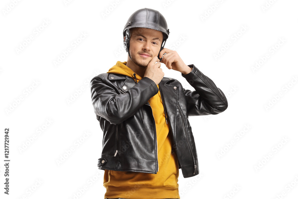 Young man in a leather jacket putting on a helmet Young man in a leather jacket putting on a helmet