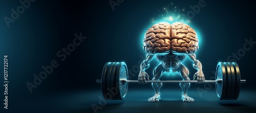 A creative depiction of a brain with a muscular body lifting heavyweights, representing the power of intelligence and mental strength combined with physical endurance. Mental health, web banner.