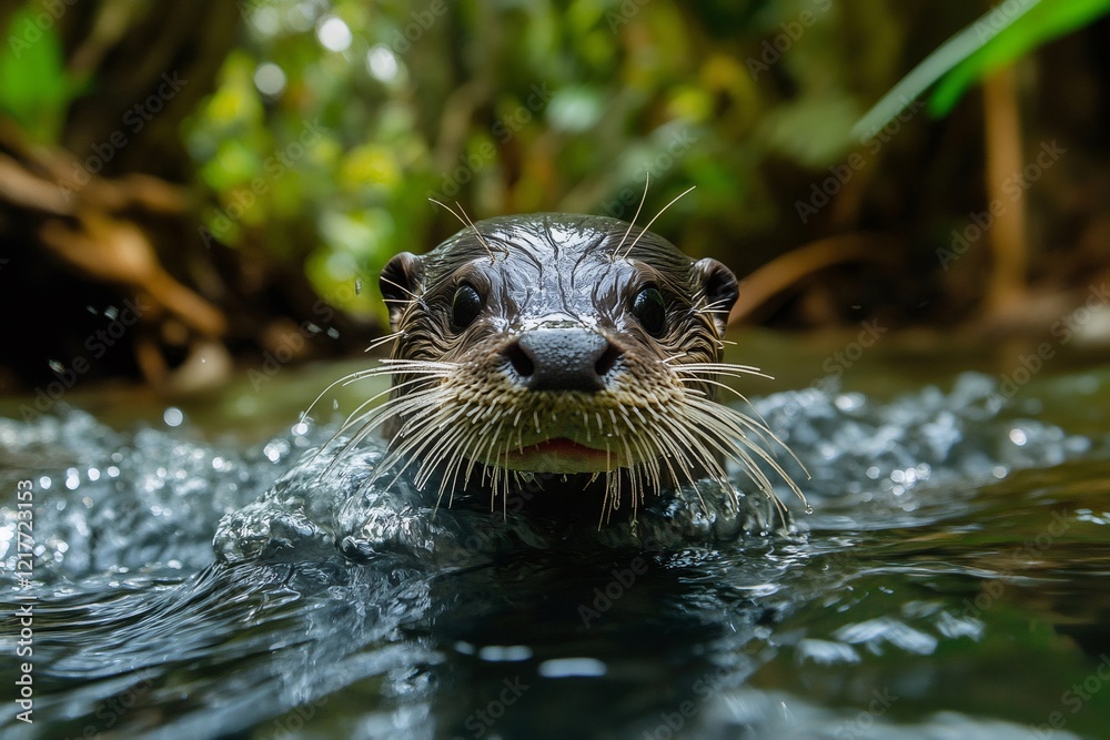 Neotropical Otter swimming and looking forward in a river Neotropical Otter swimming and looking forward in a river