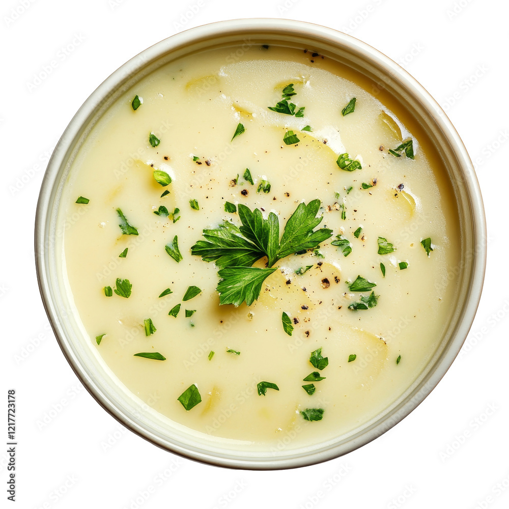 Creamy potato leek soup garnished with fresh herbs served in a bowl on a transparent background, perfect for a cozy meal any time of year, Creamy Potato Leek Soup with Herbs On transparent background Creamy potato leek soup garnished with fresh herbs served in a bowl on a transparent background, perfect for a cozy meal any time of year, Creamy Potato Leek Soup with Herbs On transparent background
