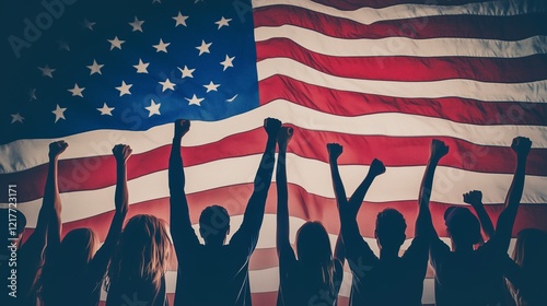 A diverse group of people stands in silhouette with raised fists, celebrating in front of a large American flag. The atmosphere is one of unity and patriotism, likely during a national holiday.