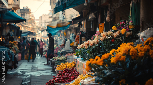 vibrant flowers and fruit stall in a busy indian market