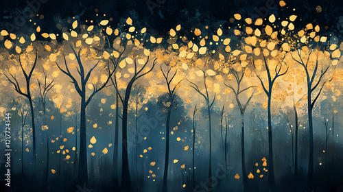 Magical autumn forest where the trees are adorned with golden crowns, their leaves shimmering like jewels in the soft light. Shimmering Forest. Illustration photo