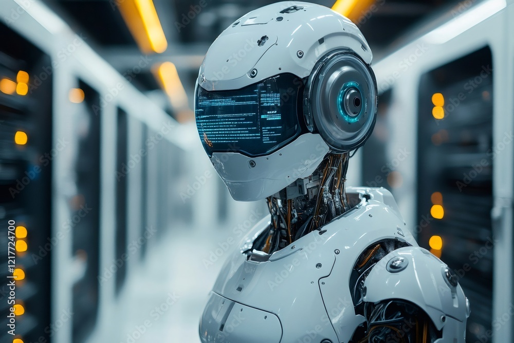Fototapeta premium Humanoid robot with futuristic visor analyzing big data inside server room