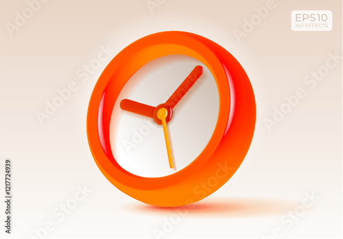 Clock icon in 3d vector style, with glow effect. Orange time on light background. Color watch. Design element for you modern project