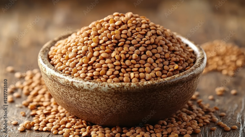Brown lentils in bowl, wooden background, healthy food, cooking ingredient Brown lentils in bowl, wooden background, healthy food, cooking ingredient