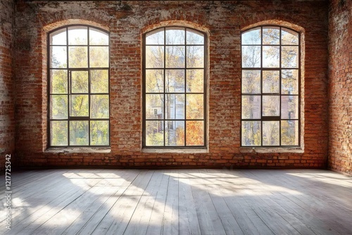 Sunlight illuminating empty room with large windows and brick walls