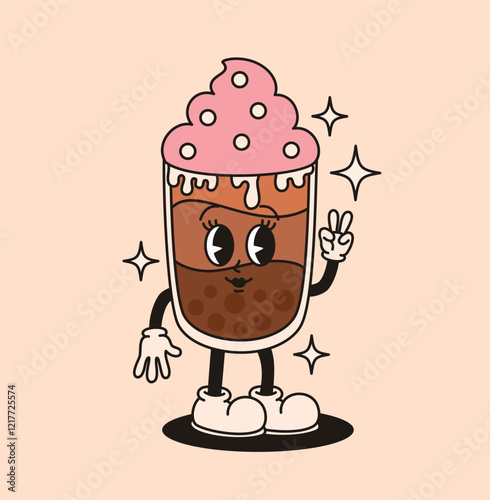 Groovy character drink bubble tea. Flat vector illustration.