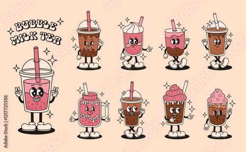 Set of groovy bubble milk tea characters. Drinks tea, coffee, juice. Flat vector illustration.