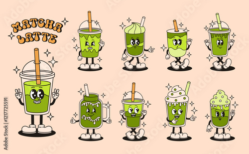 Set of groovy retro matcha latte characters. Flat vector illustration.