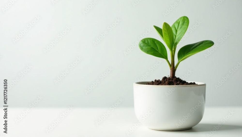 Fresh green pine sprout in a clean white ceramic pot, fresh, white Fresh green pine sprout in a clean white ceramic pot, fresh, white