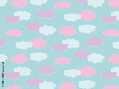 Seamless aesthetic, light pattern of vector pastel clouds on blue sky. Flat style.