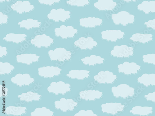 Seamless aesthetic, light pattern of vector pastel clouds on blue sky. Flat style.