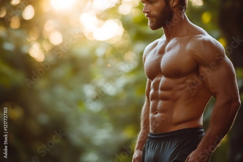 Muscular athlete showing his abs while posing in a forest at sunset