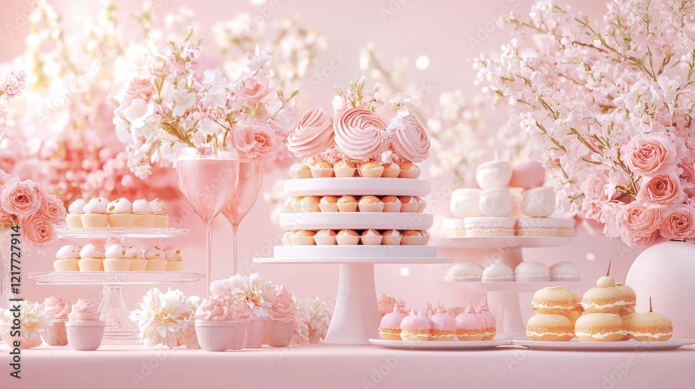 Fototapeta premium Elegant dessert display featuring pastel cakes, macarons, and floral arrangements in a dreamy, pink setting.