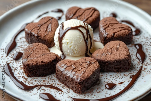 Wallpaper Mural Heart shaped brownies surrounding vanilla ice cream drizzled with chocolate sauce on white plate Torontodigital.ca