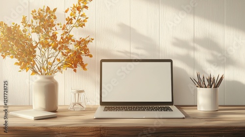 Wallpaper Mural Minimalist workspace featuring a laptop, potted plants, and warm sunlight illuminating a wooden desk. Torontodigital.ca