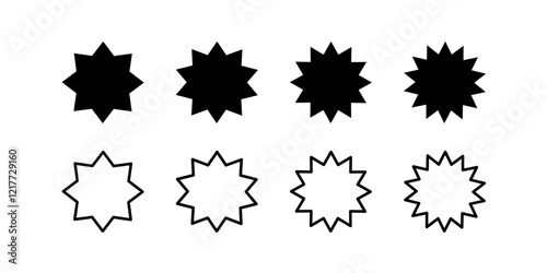 Black star and sun shape collection. Set of price, voucher, discount, sale sticker or tag.  Can be used in market place, online shop, or web shop. Flat design isolated on white background.